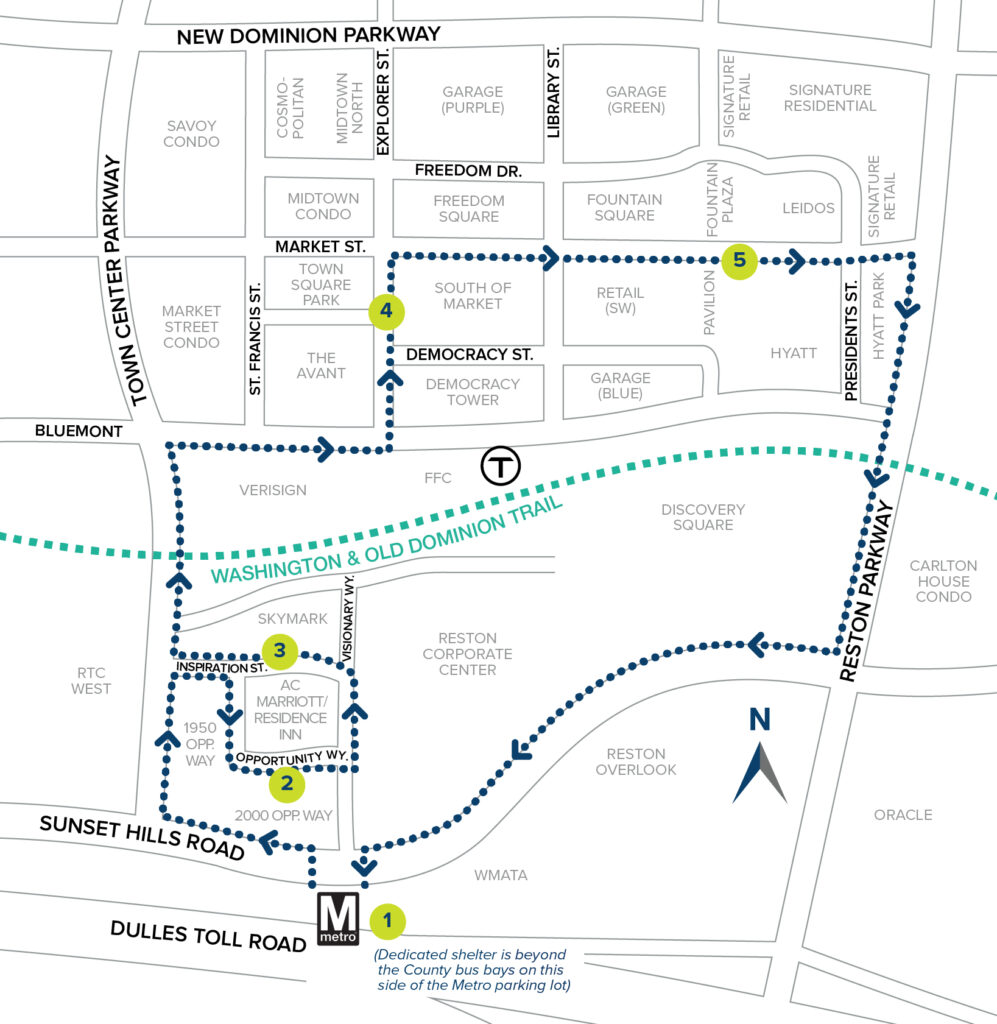 Map showing Reston Shuttle route and stops overlaid on streets of Reston Town Center. Effective February 1, 2025