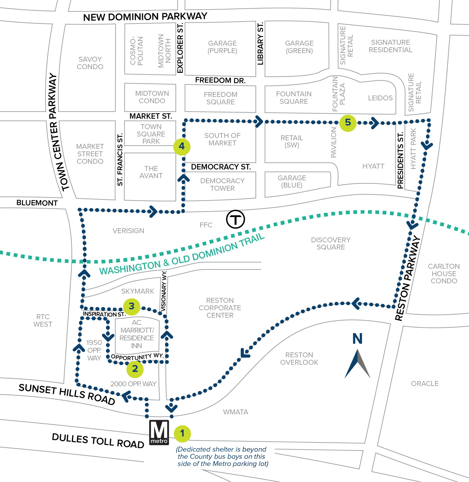 Map showing Reston Shuttle route and stops overlaid on streets of Reston Town Center