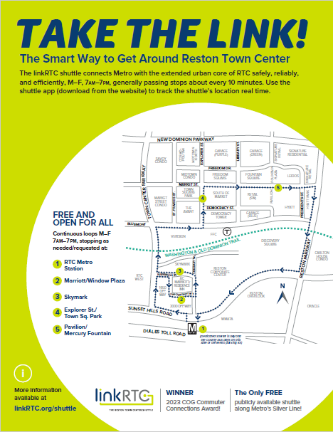 TAKE THE LINK! The Smart Way to Get Around Reston Town Center. RTC Association is excited to be connecting major destinations in RTC with our shuttle service, linkRTC. The linkRTC shuttle connects Metro with major destinations in RTC safely, reliably, and efficiently. A shuttle leaves Metro every ten minutes on the hour between 7am and 7pm!