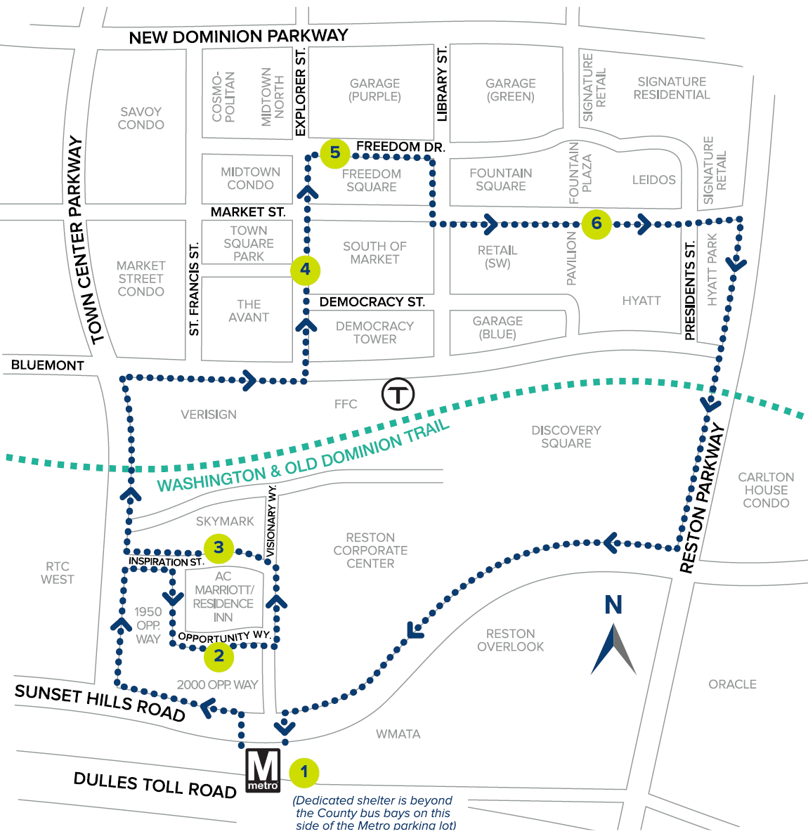 Map showing Reston Shuttle route and stops overlaid on streets of Reston Town Center