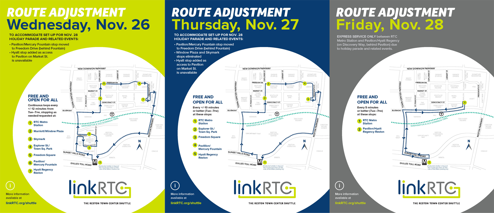 linkRTC routes and schedules will be adjusted November 26-28, 2025 for the holiday parade and activities.
